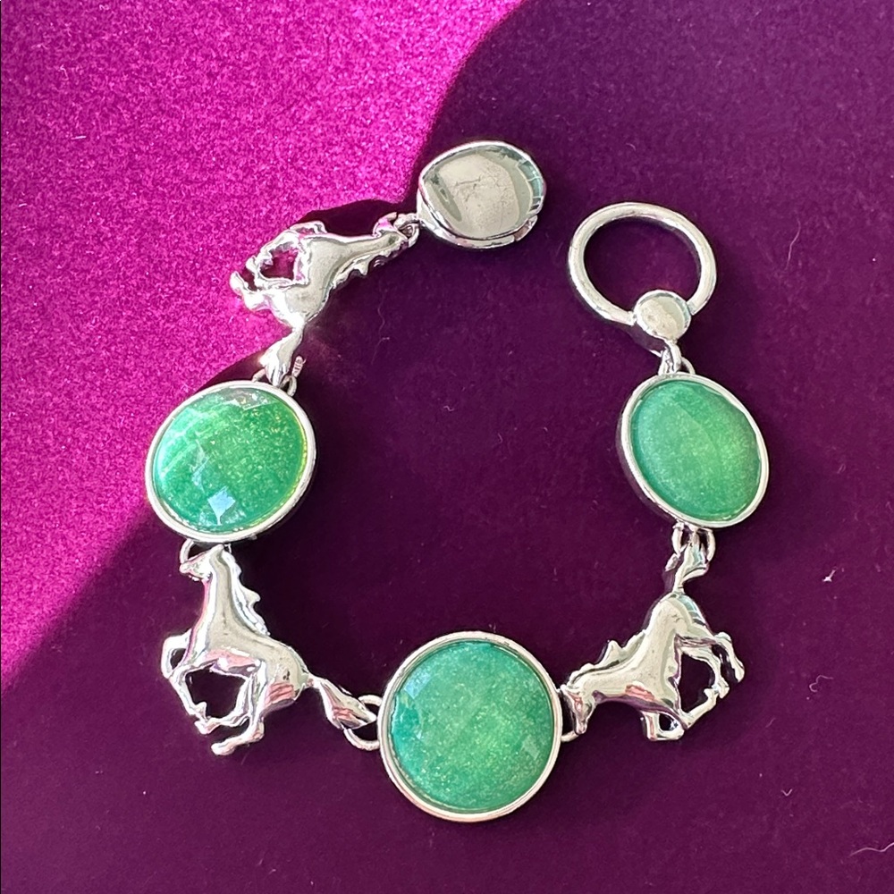 Silver Horses with Green Stone Charm Bracelet